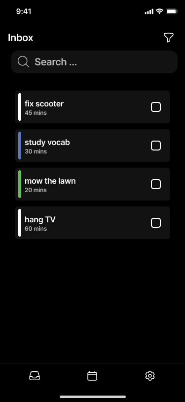App inbox screen displaying unscheduled tasks